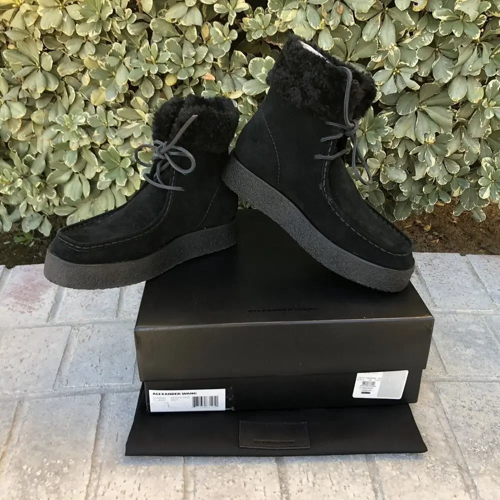 Alexander Wang Noah Suede Shearling Fur Chukka Boots Black Sz 41 US 8